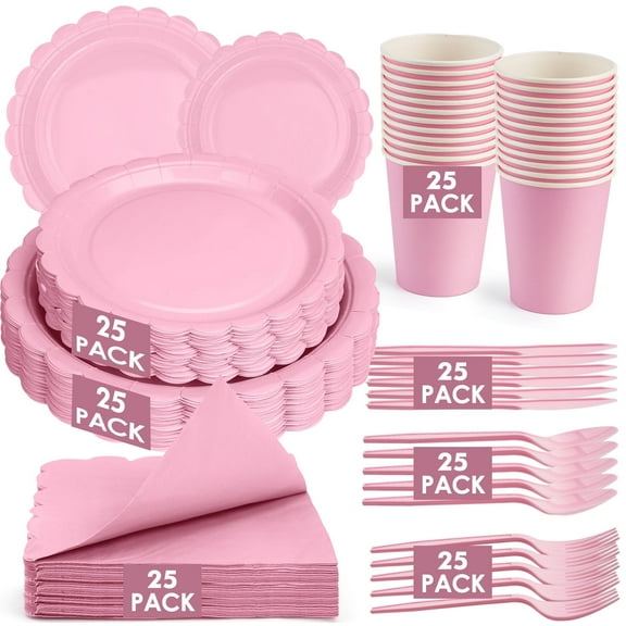 Inadays 175Pcs Disposable Party Supplies Includes Pink Paper Plates Cup Napkins Forks Spoons Knives, Dinnerware Set for Garden Party Birthday BBQ Baby Shower Wedding, Serve 25 Guests