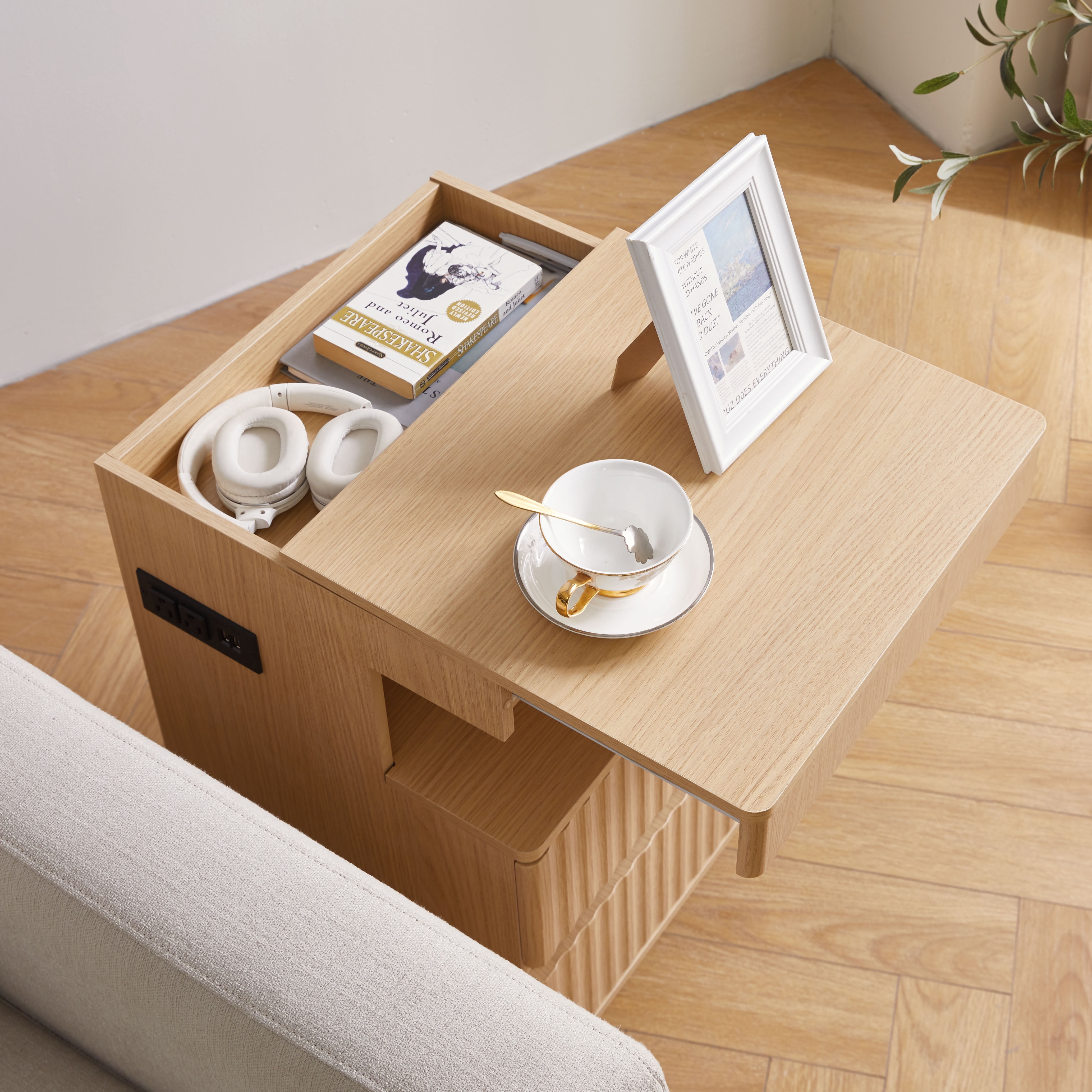MAYEERTY Modern End Table with Hidden Storage Drawer & Charging Station, Wood Side Table with 2 Drawers and Open Shelf, for Bedroom Living Room