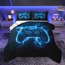Homewish Cartoon Game Console Queen Comforter Set for Kids, Neon Blue Lightning Bedding Sets, Modern Video Gaming Lover Reversible Bedding Comforter Set, Luxury Bedroom Decor, 3 Pieces