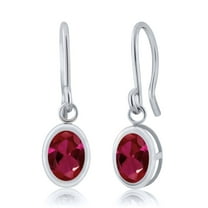 Gem Stone King 925 Sterling Silver Red Created Ruby French Wire Dangling Earrings for Women 1.88 Cttw, Oval 7X5MM