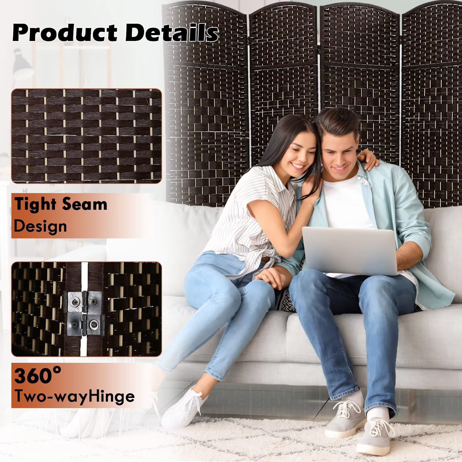 YRLLENSDAN,Room Dividers Panels Folding,Privacy wall Indoor,Wall Divider for Room Separation,Folding Privacy Screen, Freestanding,Wood,4 Panel,Brown
