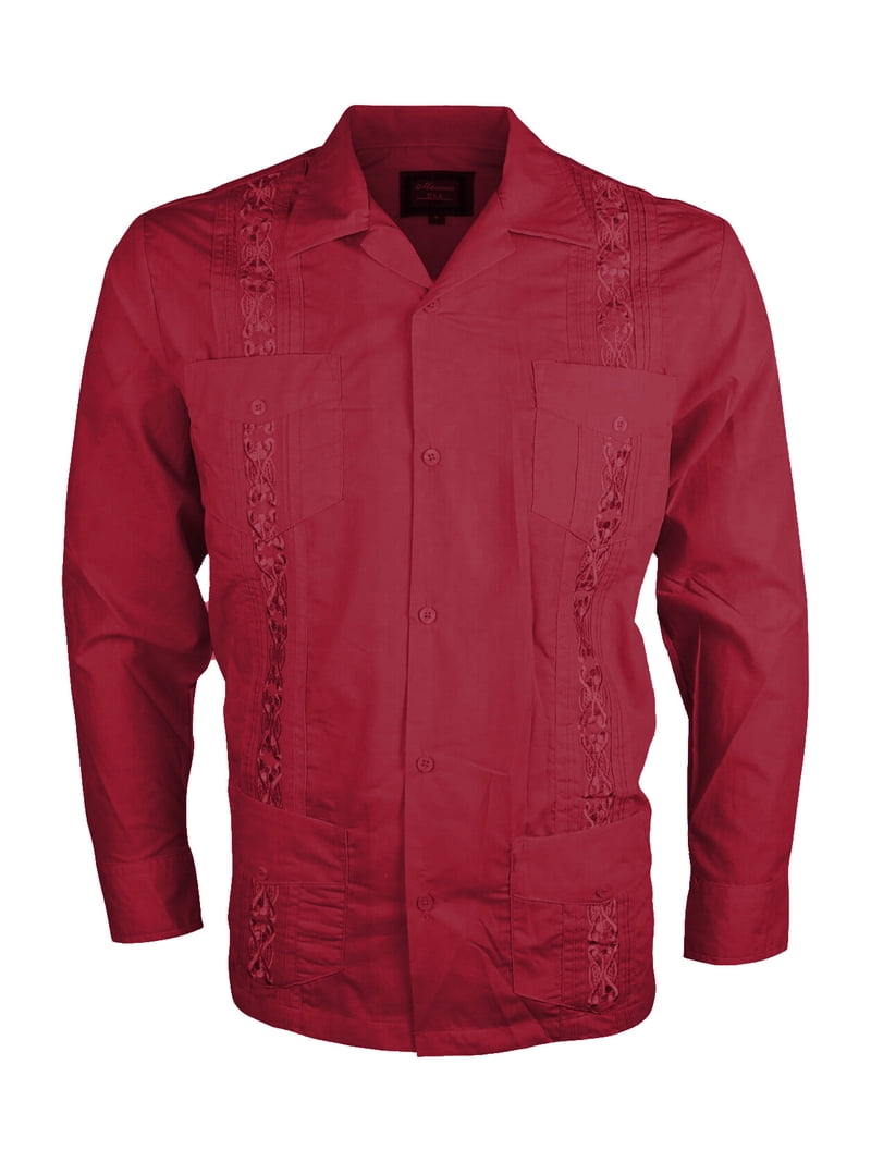 NEW GUAYABERA MEN MEXICAN CUBAN BARTENDER WEDDING LONG SLEEVE CASUAL DRESS  SHIRT (M, Burgundy) - Walmart.com