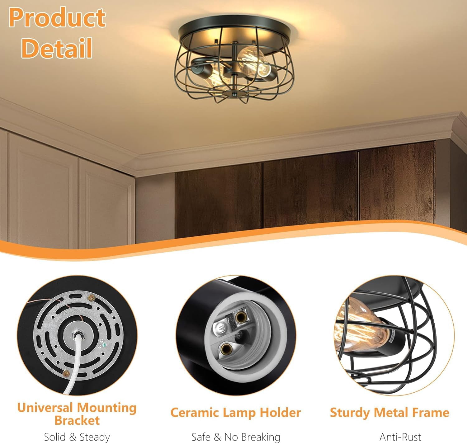 2-Light Farmhouse Ceiling Light Fixtures Industrial Black Semi Flush Mount Ceiling Light with Metal Cage for Kitchen Living Room
