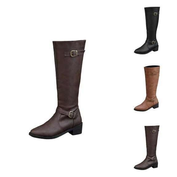 Winter Knee High Boots for Women, British Style Leather Long Boots with Belt Buckle and Side Zipper, Warm Non- Riding Boots for Fall & Winter