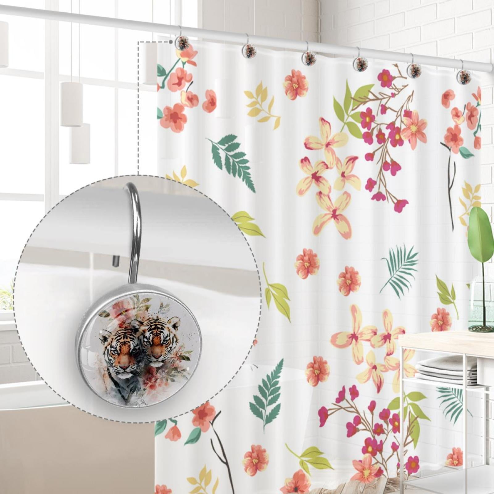 Tigers with Hibiscus Flower Shower Curtain Hooks Round Crystal Glass, Set of 12 Shower Curtain Rings - Shower Hooks for Curtain Shower Rings