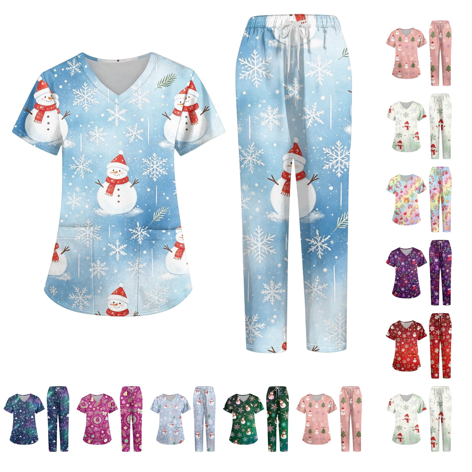 Lumtrix 2 Pcs Scrubs Sets for Women Christmas Cute Print V-Neck Top & Straight Leg Pants Stretchy Medical Nursing Uniforms with Pocket Sky Blue 2XL