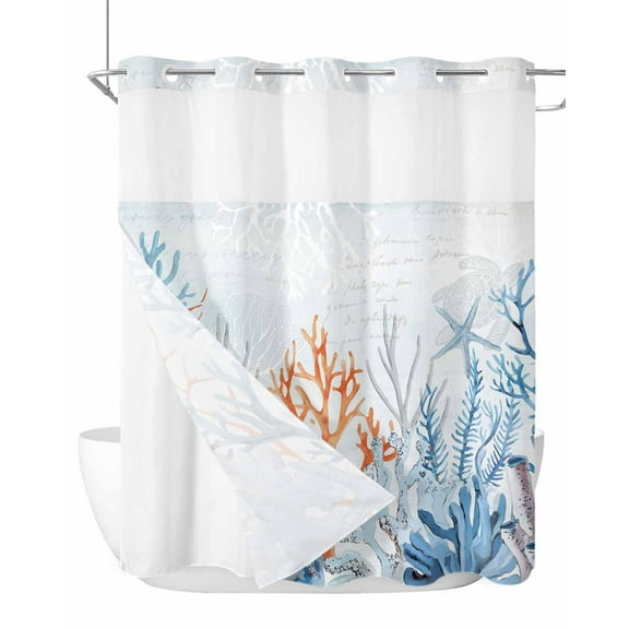 No Hook Cloth Fabric Shower Curtain with Snap in Liner, Coastal Coral Waterproof Shower Curtains Set with See Through Top Window, Blue Ocean Starfish Turtle Watercolor Bath Curtains Shower 66"x72"
