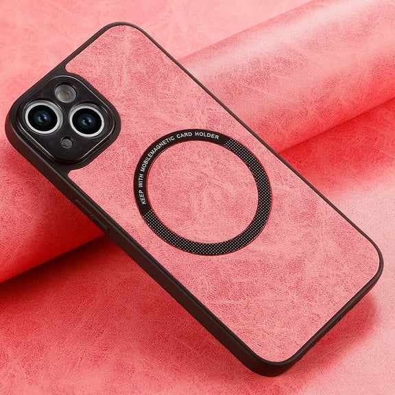 Pink Fashion Magnetic Ring phone case Back Cover Wireless Charging Vegan PU Leather Phone Case For iPhone 14 Plus