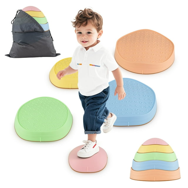 Gymax 5 Pcs Pierres de Marche pour Enfants avec Sac de Rangement pour Habiletés Motrices Force 3+ Extérieur