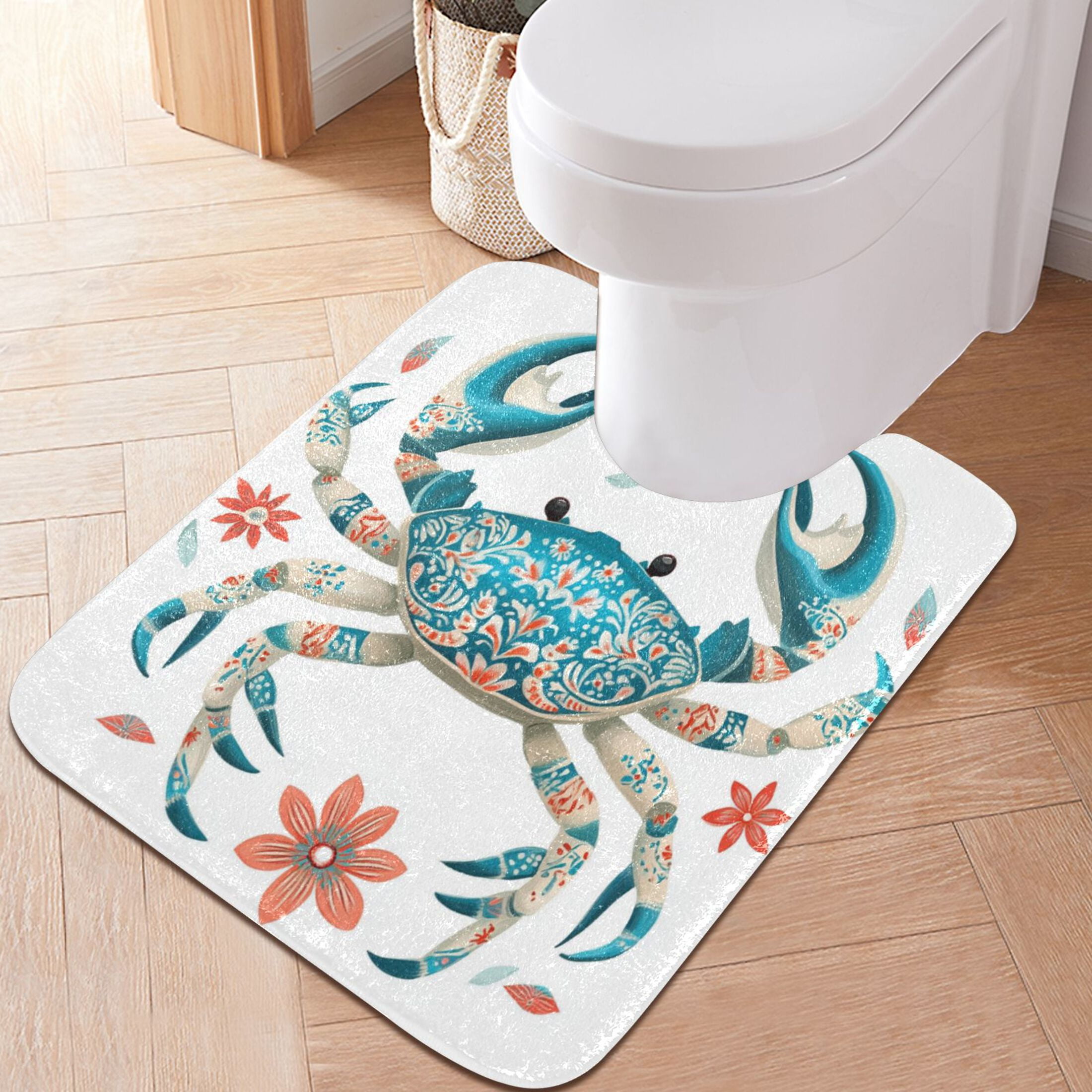 2 Piece Soft Bathroom Rug Set Colorful Blue Crab Bath Mat and U-Shaped Toilet Contour Rug (16"x24"+20"x24")