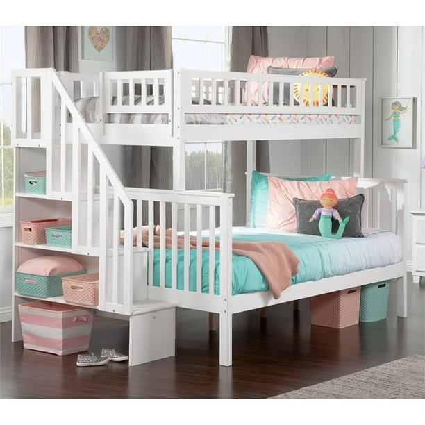 AFI Woodland Twin Over Full Staircase Solid Wood Bunk Bed in White