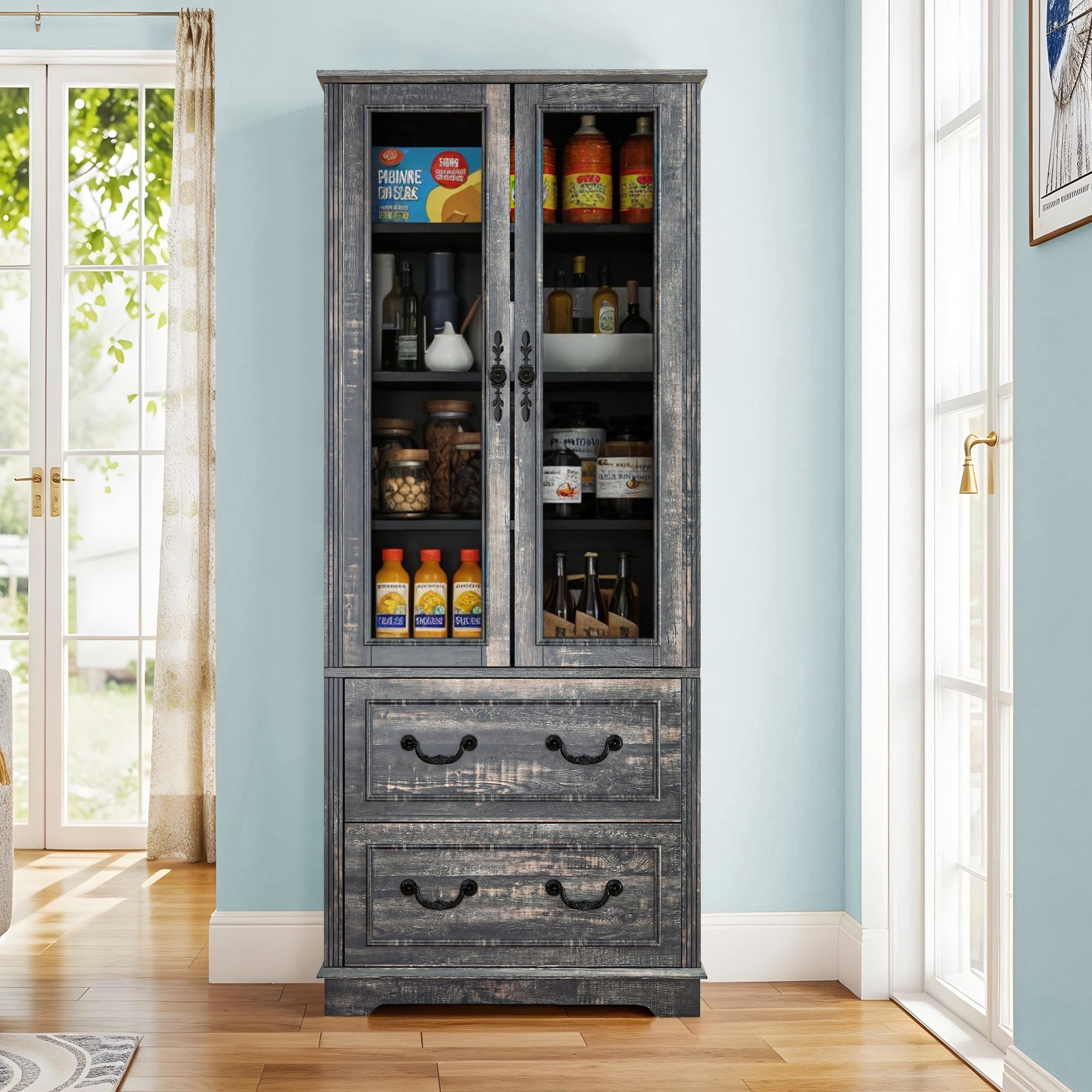 Craftian 76'' Kitchen Pantry Cabinet with 2 Drawers, Tall Storage Cabinet with Glass Doors & Adjustable Shelves, Dark Rustic Oak