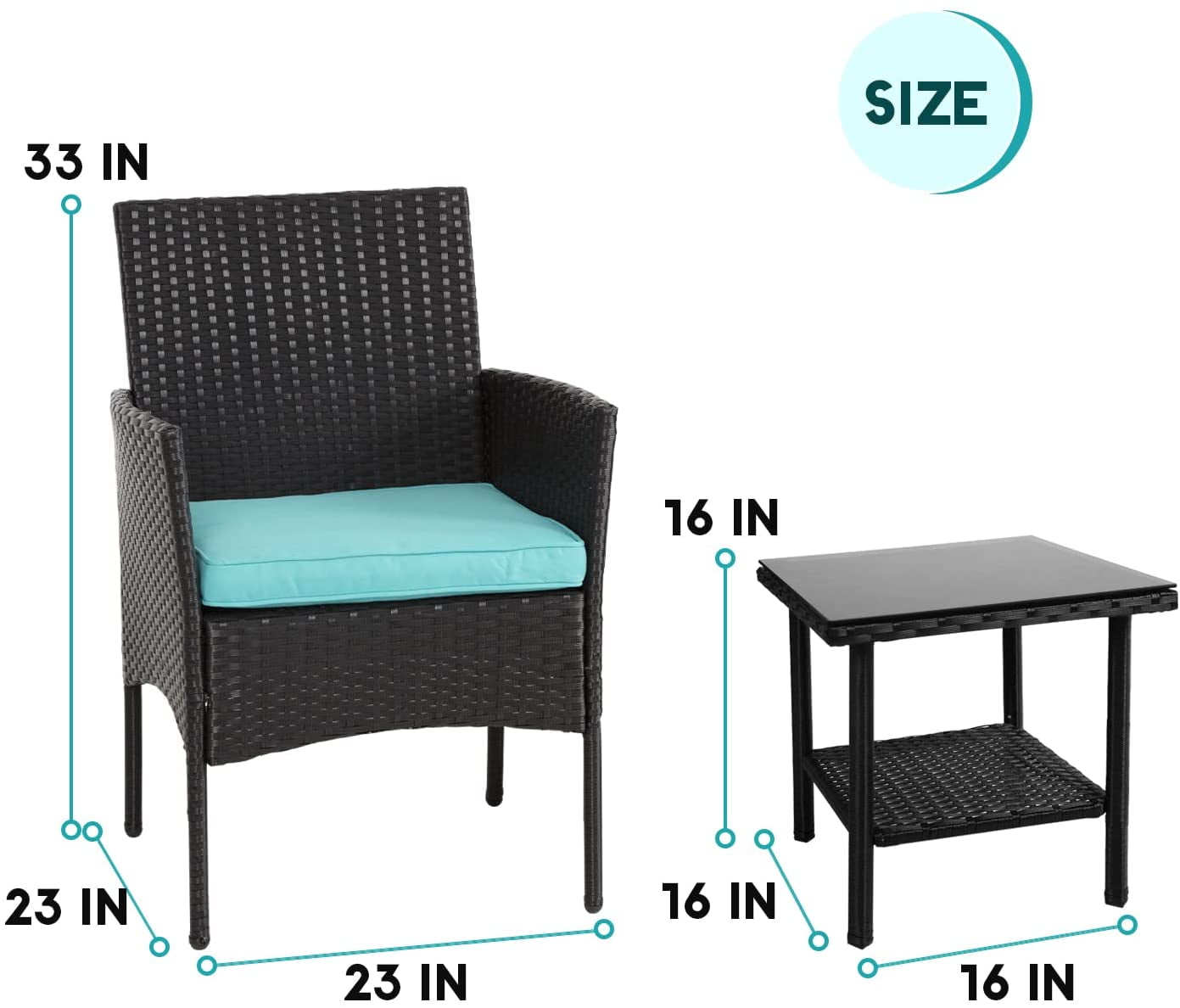 FDW 3 Pieces Outdoor Patio Furniture Wicker Table and Chairs Set Bar Set with Cushioned Tempered Glass,Blue