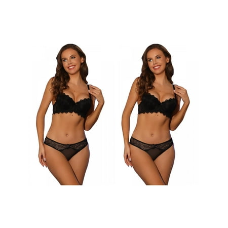 Allegra K Underwire Breathable Lace Lingerie Set for Women s  Push Up Bra and Panties 2 Packs