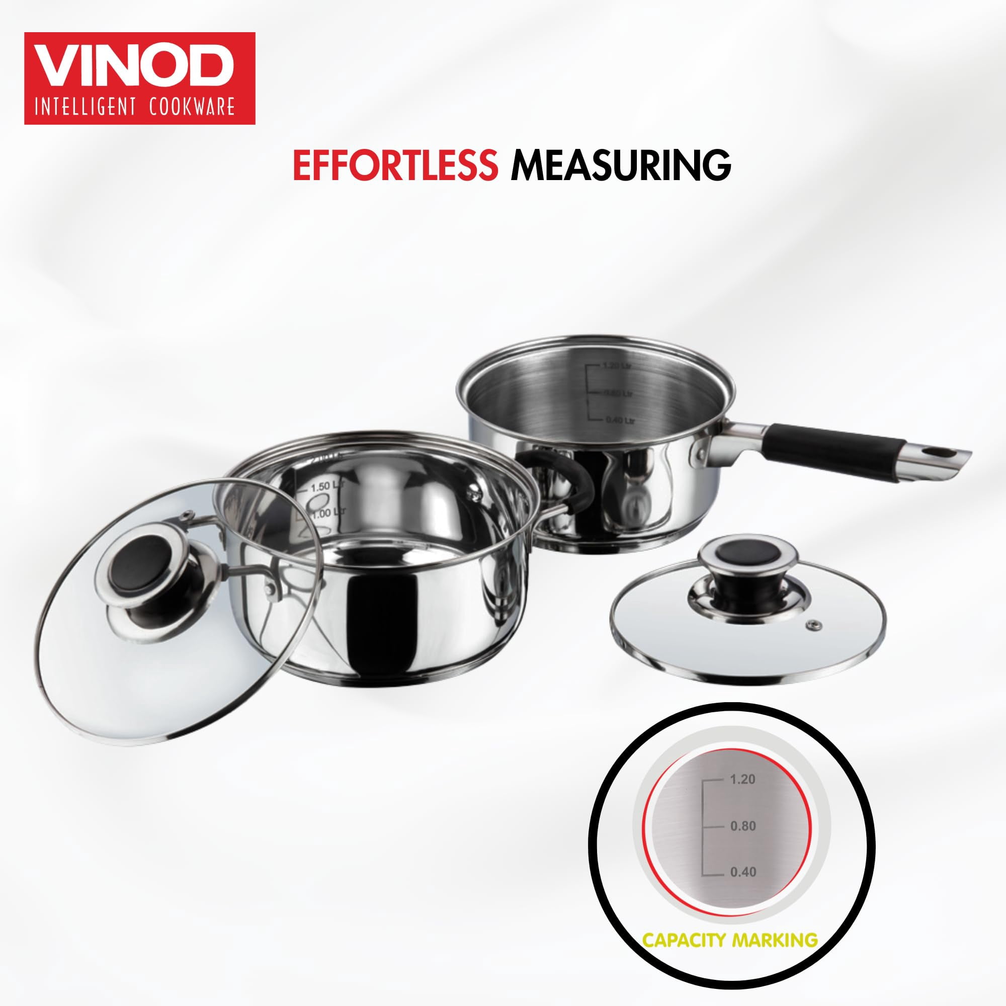 Vinod Stainless Steel Induction And Gas Stove Friendly Master Chef Cookware Set- 2 Pieces, Saucepan (16 Cm/1.5 Litre), Casserole (18 Cm /2.1 Litre) With Glass Lids
