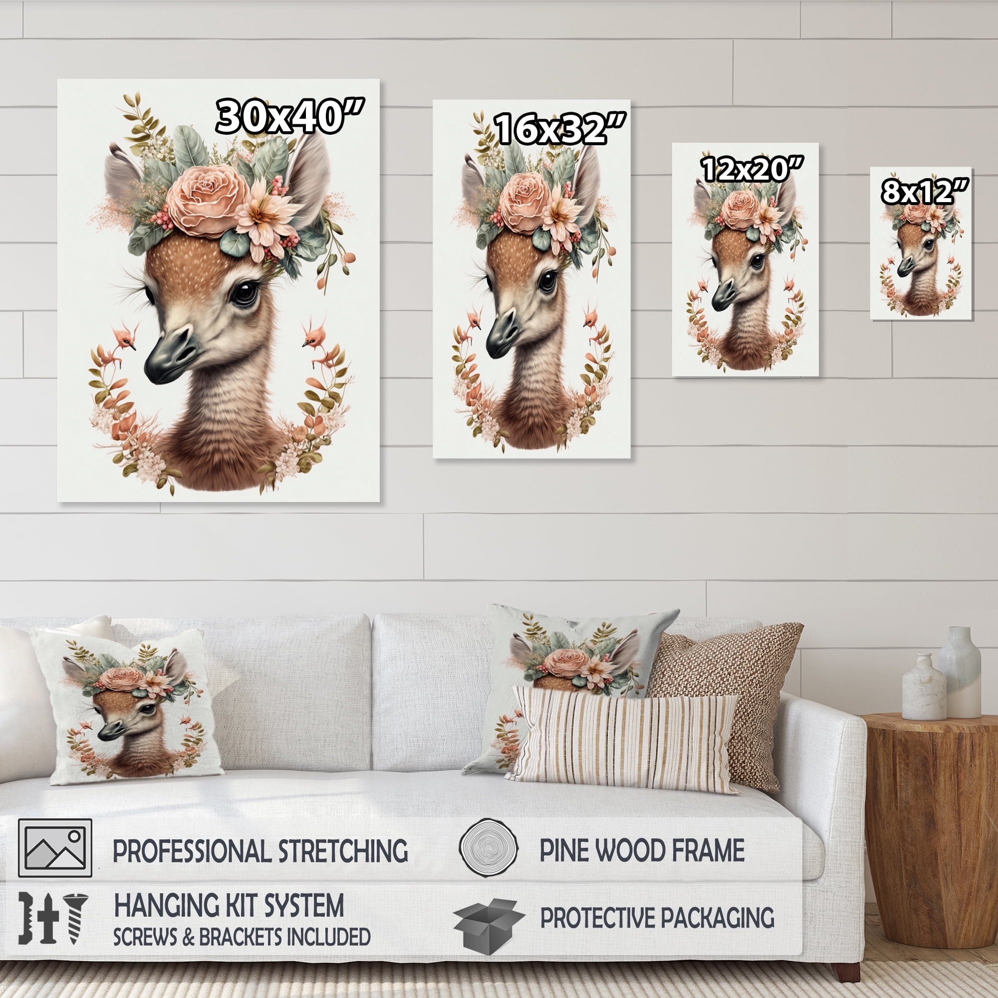 Designart Cute Baby Flamingo With Floral Crown Canvas Wall Art
