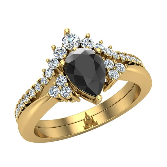 14K Gold Diamond Wedding Ring Set for Women Pear Black Diamond Ring Tiara style (I,I1)
