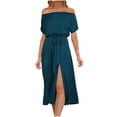 thumbnail image 2 of Sakmal Side Slit Womens Dresses Blue T Shirt Midi Off the Shoulder Dress Short Sleeve Dresses, 2 of 9