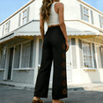 thumbnail image 3 of qolati Wide Leg Pants Women Casual Palazzo Drawstring Elastic Waist Vacation Trousers Side Floral Embroidery Hollow Out Summer Beach Pants Size L, 3 of 9