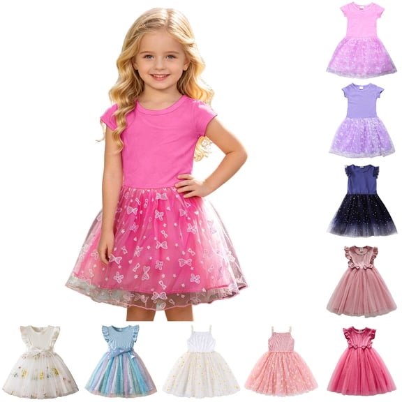 JCCXIN Child Toddler Girls Dresses Crew Neckes Tulle Bow Print Summer Short Sleeve Tutu Party Gown Skirt Sweet Celebration Dress,Hot Pink,2-3 Years