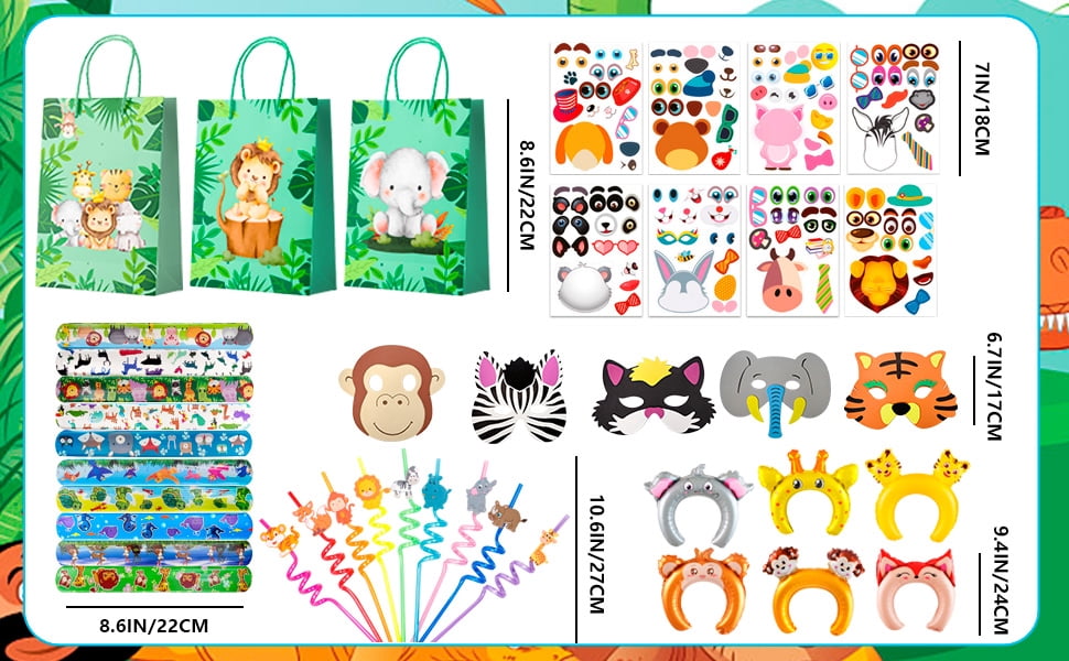 Jungle Safari Party Favors, 60pcs Jungle Safari Birthday Party Favors Set Includes Safari Party Slap Bracelets Stickers Straws Balloon, Animal Mask, Safari Goodie Bags
