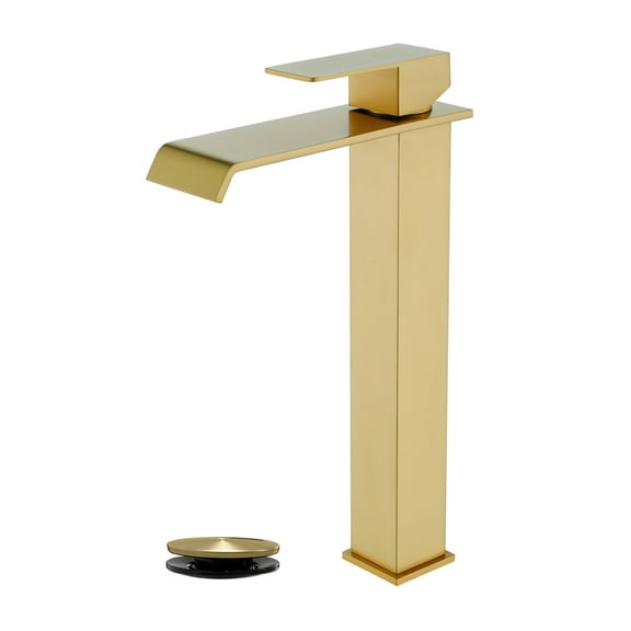 Cobbe Bathroom Vessel Sink Faucet Single-Handle with Waterfall Spout and Pop-Up Drain Single-Hole Installation Brushed Gold