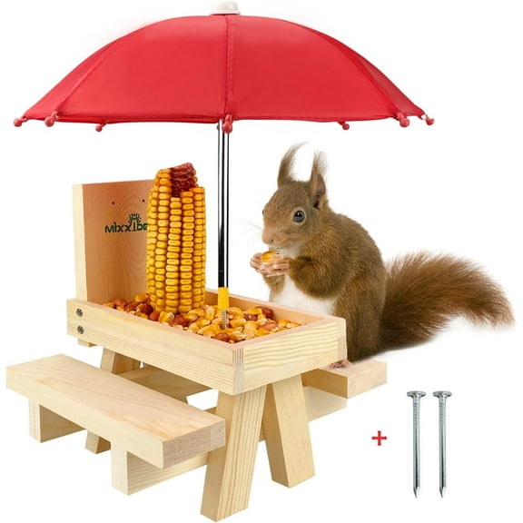 Squirrel Feeder Table with Umbrella, Wooden Squirrel Picnic Table Feeder, Durable Squirrel Feeder Corn Cob Holder, with Solid Structure and 2 x Thick Benches(Squirrel Feeder table-1pk)