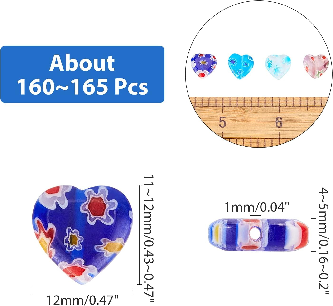 160 Pcs Millefiori Lampwork Beads Heart Shaped Glass Beads 12mm Spacer Beads for DIY Bracelets Necklace Jewelry Making Mixed Color DIY