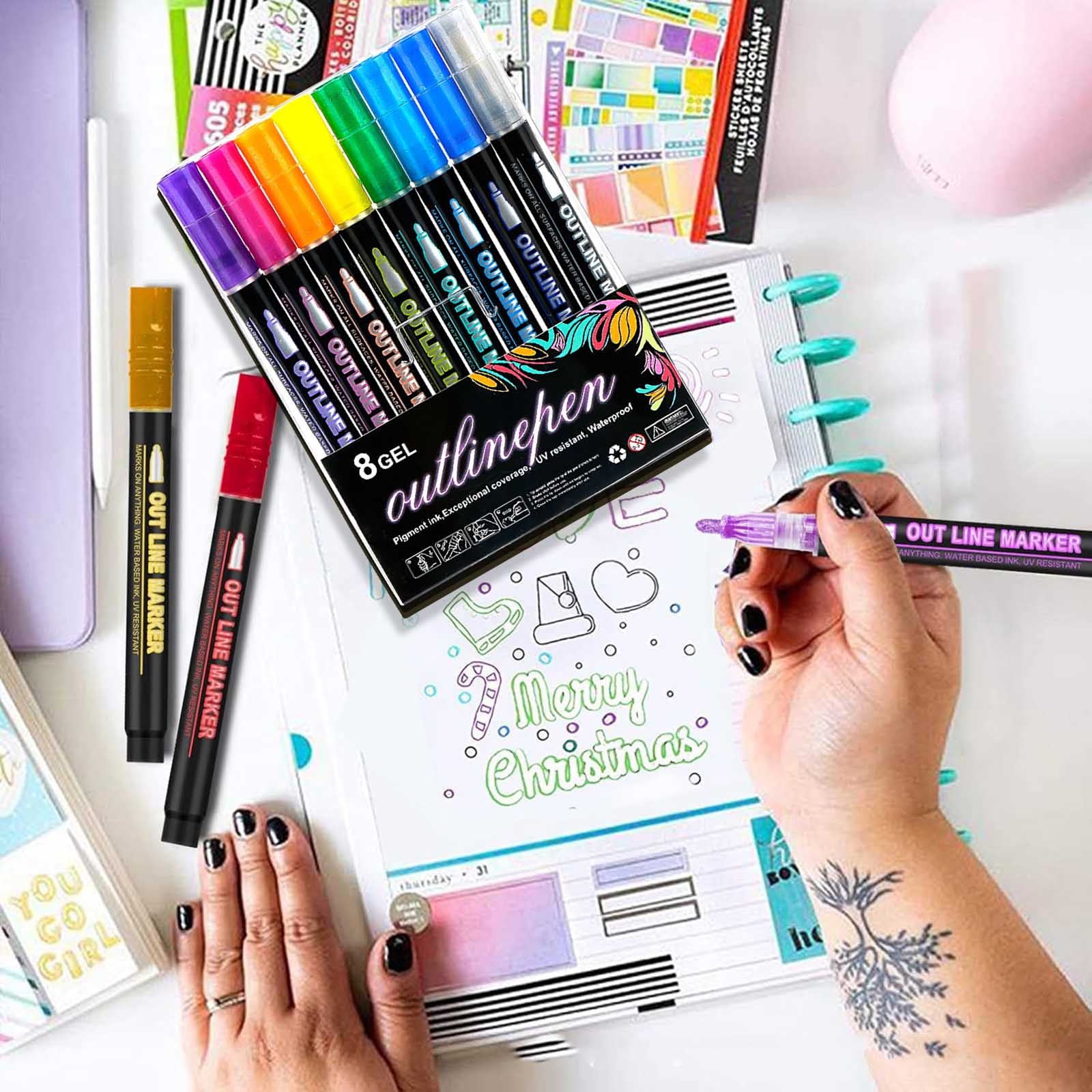WYBXZ Double Line Outline Markers, Marker Pens, Double Line Paint Pens Self Outline Markers, for Drawing Coloring, Christmas Card Writing, Birthday Greeting, 8ml