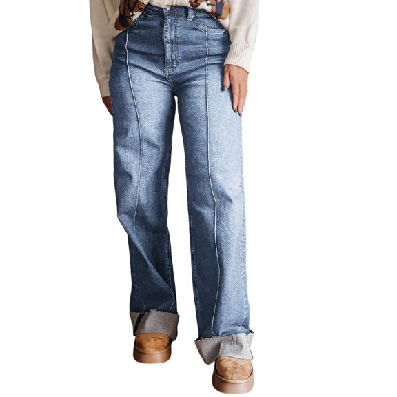 SAWOBUUN Womens Straight Leg Jeans High Waisted Front Seam Cuffed Hem Denim Pants Stretch Trendy Jeans