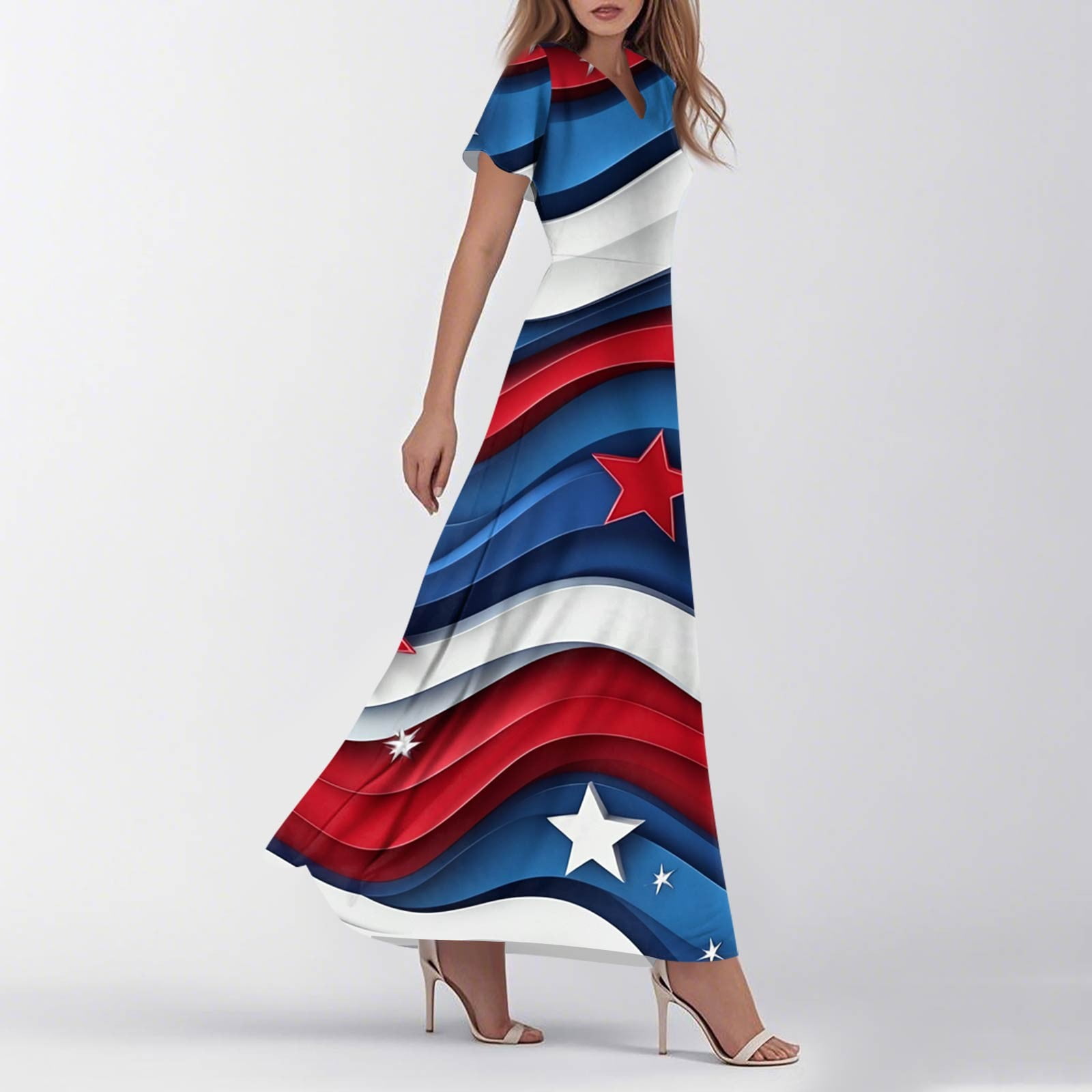 SAATLERI Red White and Blue Dress for Women Flowy American Flag Dress A-Line High Waist V Neck Short Sleeve 4th of july Summer Long Dresses
