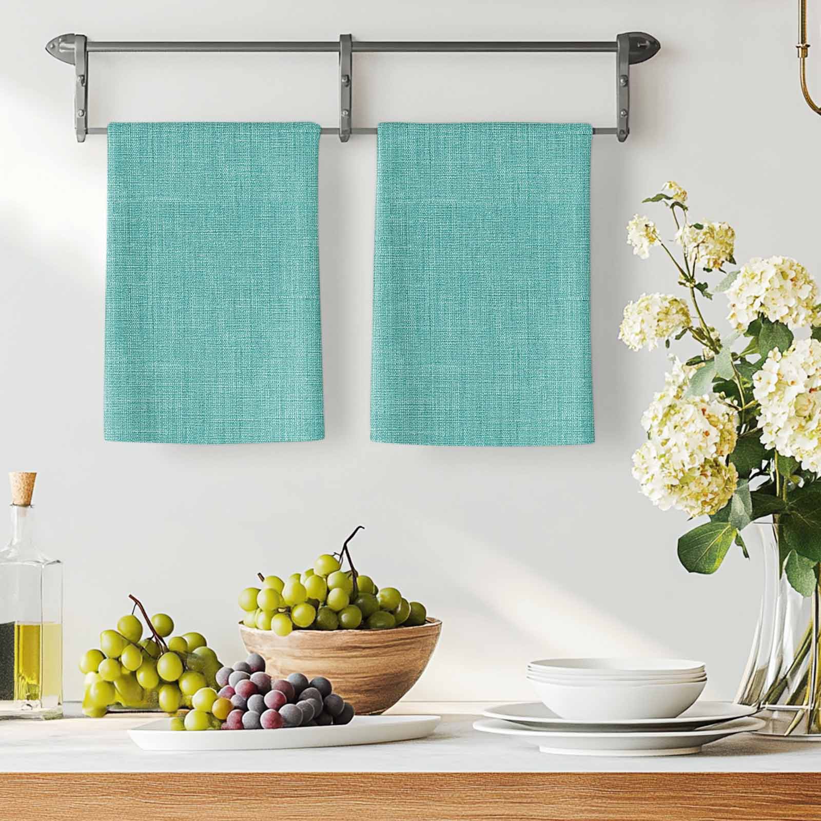 Teal Kitchen Towels Set of 2, Farmhouse Burlap Solid Green Color Modern Linen Texture Soft Microfiber Dish Towels, Absorbent Washable Dishcloths for Kitchen Cleaning, Drying Dishes, 18x28 Inches