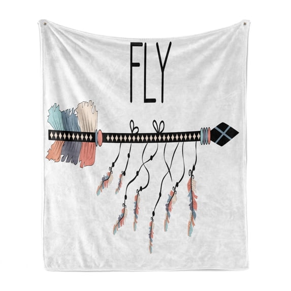 Cartoon Soft Flannel Fleece Throw Blanket, Simple Fly Word and Arrow with Feathers, Cozy Plush for Indoor and Outdoor Use, 60" x 80", Charcoal Grey Multicolor, by Ambesonne