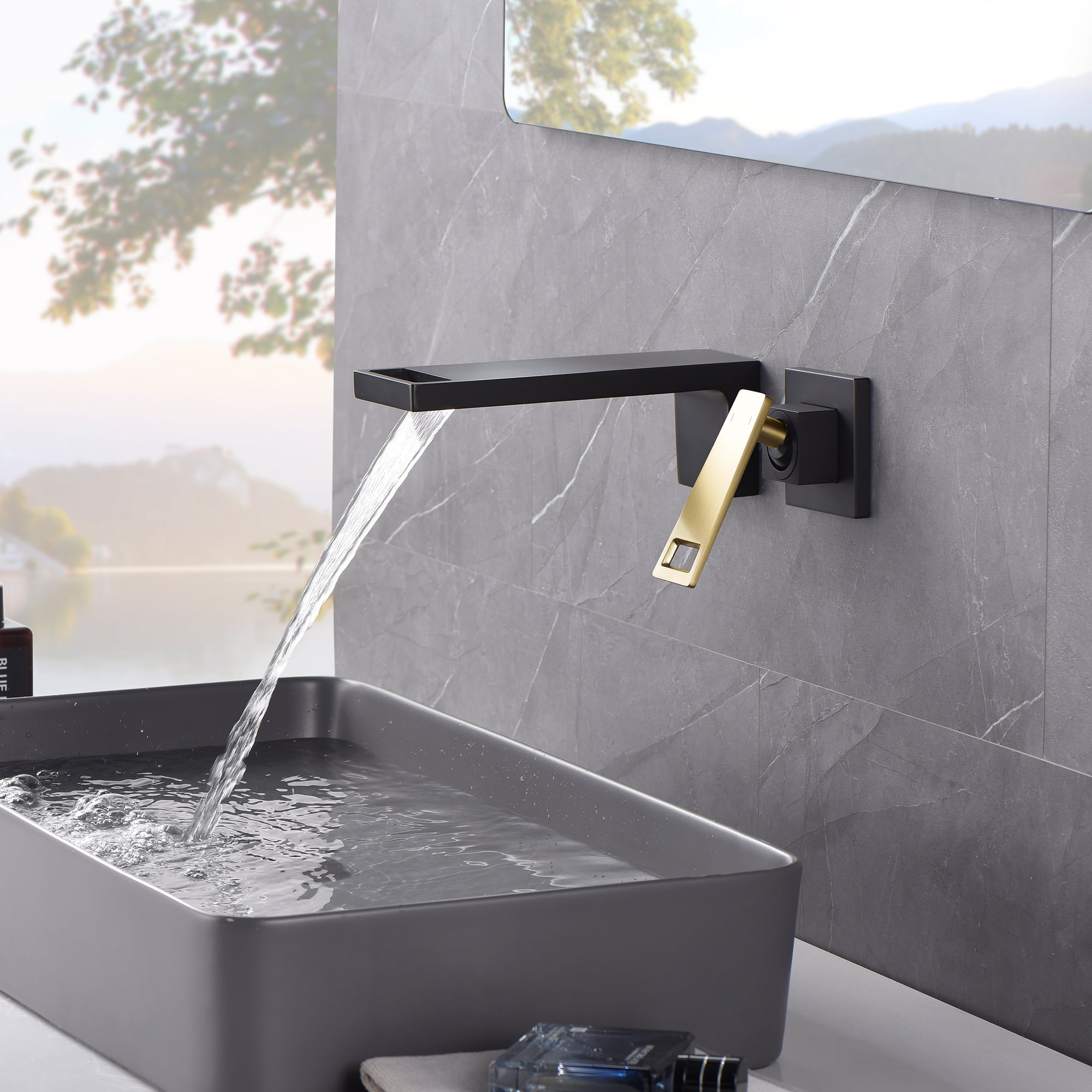 SUMERAIN Wall Mount Bathroom Faucet Single Handle Vessel Sink Faucet with Brass Rough-in Valve, Black and Gold