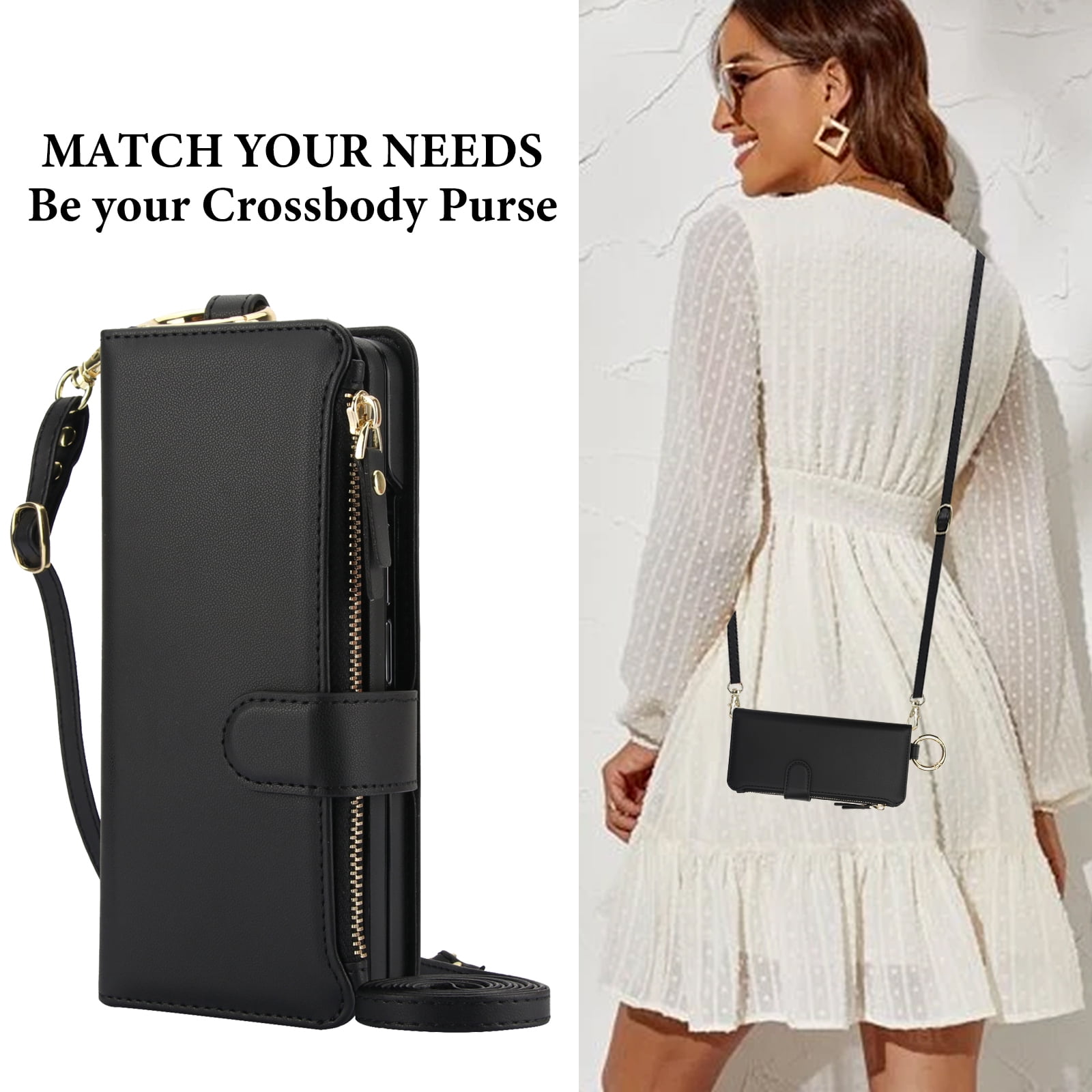 ChicShell Wallet Flip Case for Samsung Galaxy Z Fold 7, RFID Blocking Cards Slots Zipper Pocket Hand Strap Shockproof Stand Phone Case Cover with Crossbody Lanyard for Women Girls, Black
