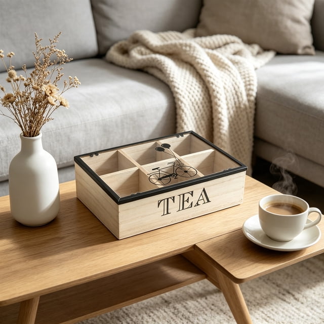 Wooden Tea Storage Box with Lid | Divided Compartment Organizer for Tea Bags, Snacks, Spices | Desktop Kitchen Counter Decor | Home Office Tidy-Up