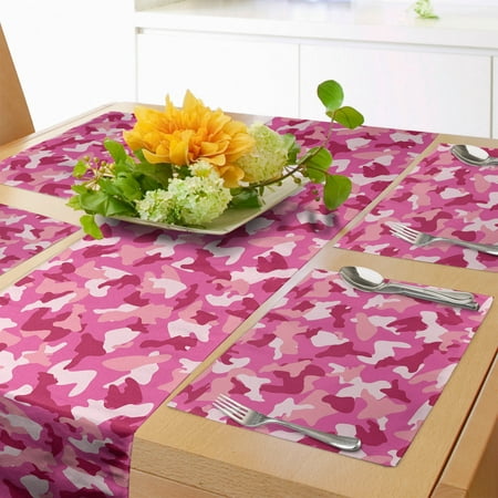 

Camo Print Table Runner & Placemats Repetitive Pattern of Abstract Camouflage Shapes in Spring Tones Set for Dining Table Placemat 4 pcs + Runner 12 x72 Pink Blush and Raspberry by Ambesonne