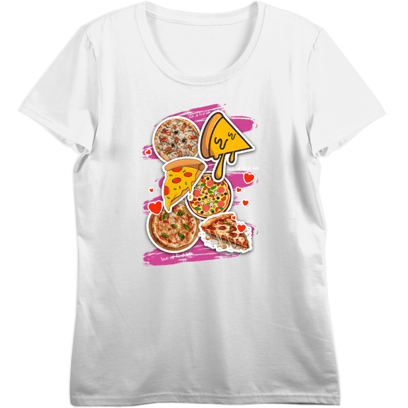 Love At First Bite Pizza Stickers Women's Vivid White Crew Neck Short Sleeve Top-XS