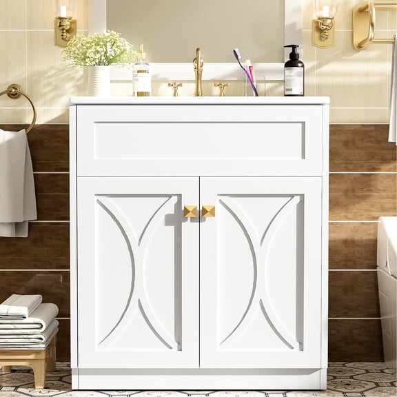 30'' Bathroom Vanity With Ceramic Sink - Modern Cabinet. Wood, Boards, Spacious Interior, Smooth Operation Basin Glossy Sink, Ample Storage, Hinges, Long-lasting Design