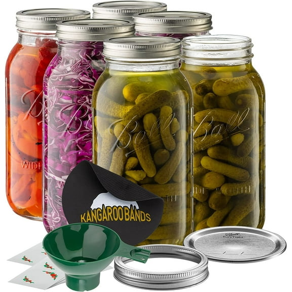 Ball Wide Mouth Canning Jars Kit  64 oz Wide Mouth Mason Jars and Lids 6 Bundle Includes Ball Canning Jars, Funnel, Jar Opener, Labels  Canning, Fermenting, Pickling, or DIY Decors and Projects