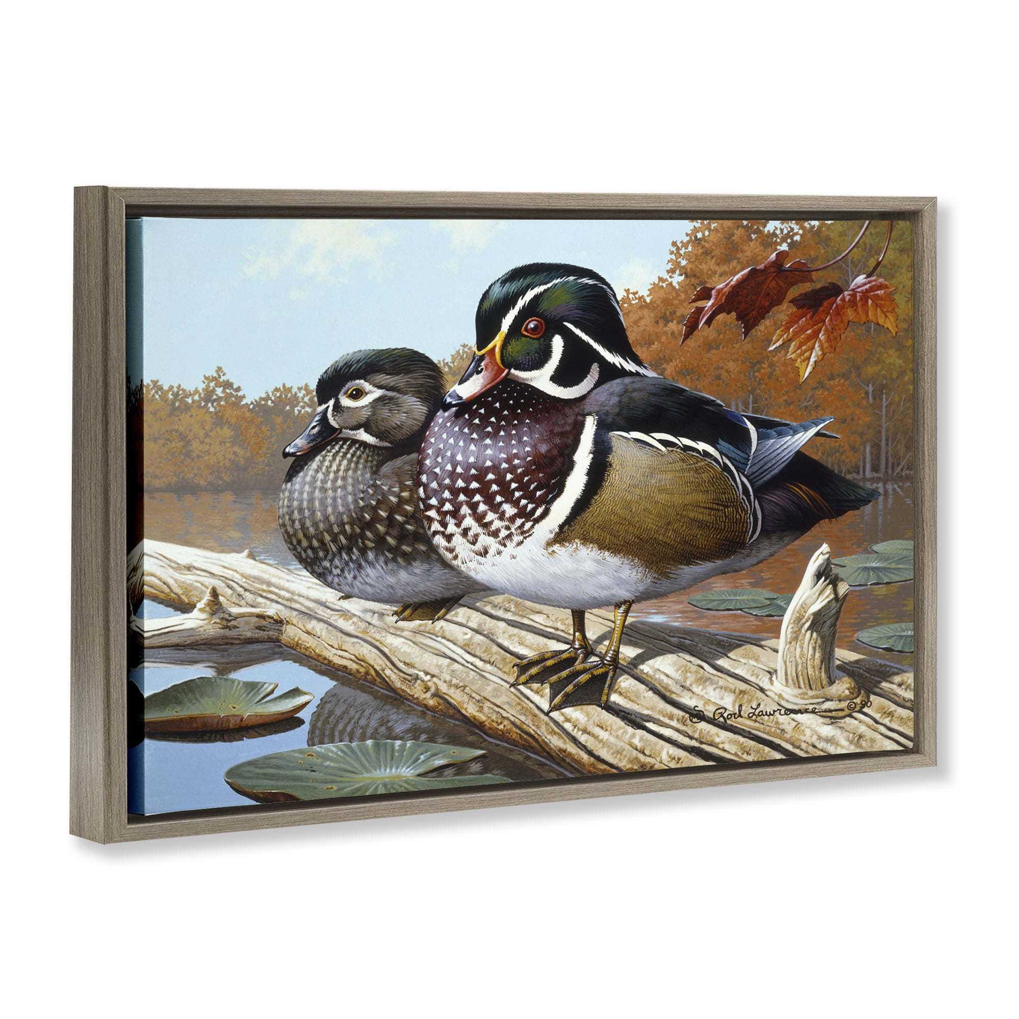 Stupell Industries Duck Pair on Driftwood Animals Painting Brown Floater Framed Canvas Art Print Wall Art, 25 x 17