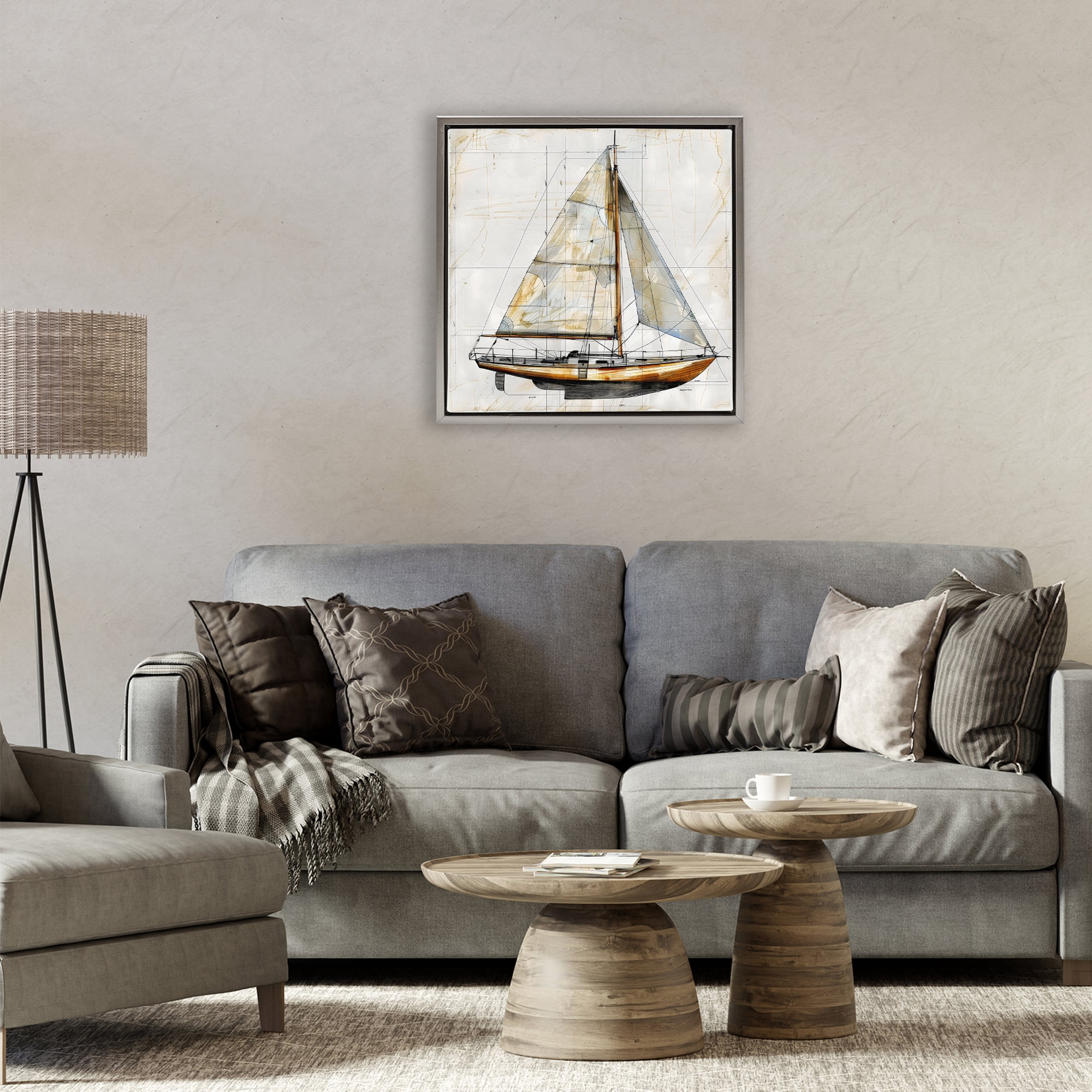 Stupell Industries Vintage Sailboat Drawing Blueprint Gray Framed Floater Canvas Wall Art, design by Creative Studio