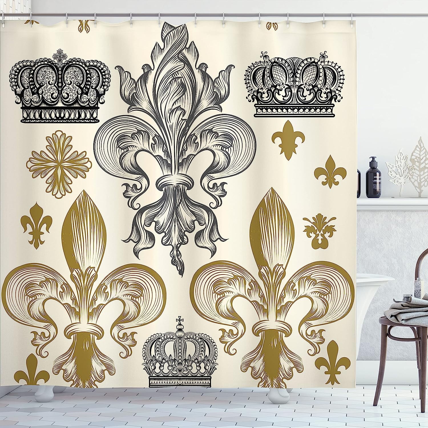SPXUBZ Fleur De Lis Shower Curtain, Heraldic Pattern Royal Flower and