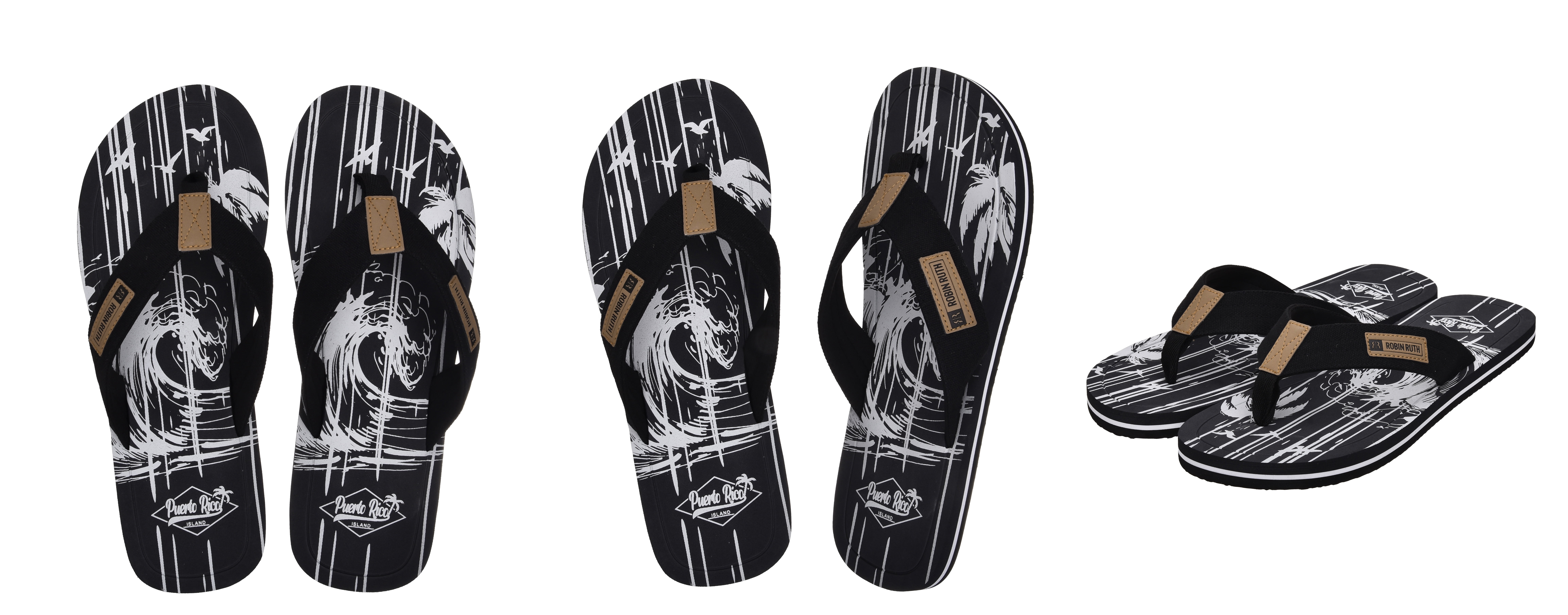 Robin Ruth Mens Flip Flop Black, Designed with Typical Puerto Rico Stamps, Rubber Outsole, Vibrant Colors and Designs
