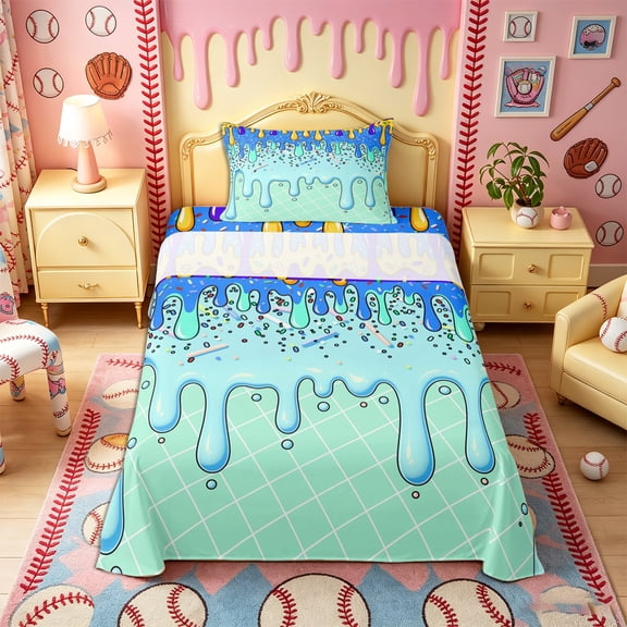Castle Fairy Blue Ice Cream Drip Twin Sheets 3pcs, Watercolor Food Dessert Bedding, Blue Green Yellow,1 Fitted Sheet, 1 Flat Sheet and 1 Pillowcase