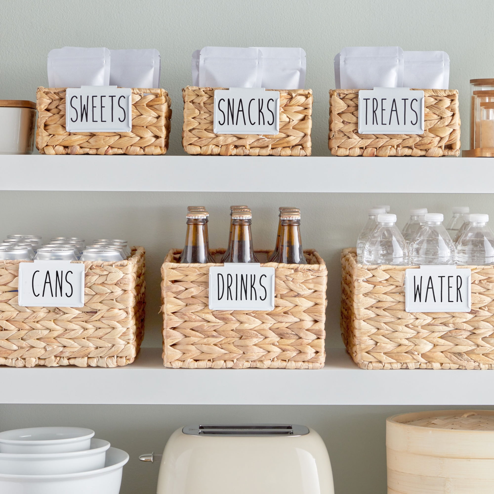 Metal Pantry Baskets Labels Clip on for Storage Bins with White Chalk Markers (18 Black Holders + 4 White Chalk Makers)