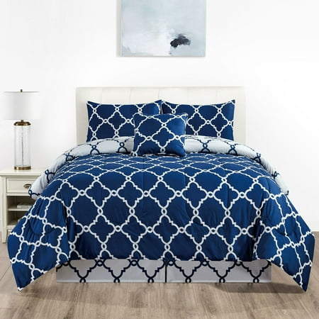 Lux Decor Collection 5 Piece Queen Down Alternative Comforter Set, Washable Duvet Bedding Set - Quatrefoil Navy