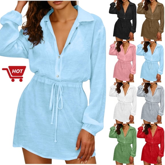 Taqqpue Womens Summer Dresses V Neck Long Sleeve Tie Waist Short Dress Beach Vacation Sundress Casual Loose Fit Plus Size Midi Dress