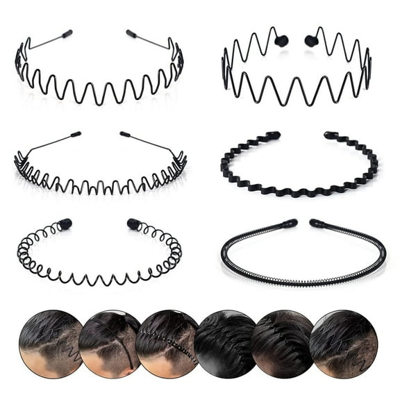 6 Pcs Hair Hoop, Metal Hair Bands for Men Women's Headbands Beauty Care, Unisex Black Wavy Spring Sports for Men's Hair Band Hoop Clips Women Accessories