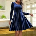 thumbnail image 5 of Womens Crew Neck Long Sleeve Spring Fall Dresses,Women's Fashionable And Elegant Long-sleeved Round Neck Velvet Dress Blue, 5 of 5